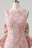 Robe de bal rose verte Bodycon Jacquard à col bateau fleuri avec grand nœud