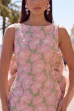 Robe de bal rose verte Bodycon Jacquard à col bateau fleuri avec grand nœud