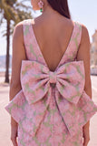 Robe de bal rose verte Bodycon Jacquard à col bateau fleuri avec grand nœud