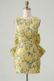 Robe de bal rose verte Bodycon Jacquard à col bateau fleuri avec grand nœud