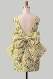 Robe de bal rose verte Bodycon Jacquard à col bateau fleuri avec grand nœud