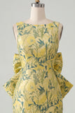 Robe de bal rose verte Bodycon Jacquard à col bateau fleuri avec grand nœud