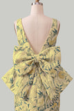 Robe de bal rose verte Bodycon Jacquard à col bateau fleuri avec grand nœud