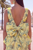 Robe de bal rose verte Bodycon Jacquard à col bateau fleuri avec grand nœud