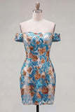 Robe courte de rentrée à la maison à la fleur bleue bleue scintillante à paillettes moulantes