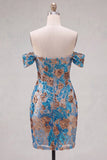 Robe courte de rentrée à la maison à la fleur bleue bleue scintillante à paillettes moulantes