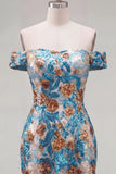 Robe courte de rentrée à la maison à la fleur bleue bleue scintillante à paillettes moulantes