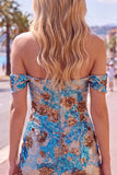Robe courte de rentrée à la maison à la fleur bleue bleue scintillante à paillettes moulantes