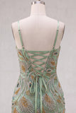 Robe courte de bal de fin d’année verte perlée avec dentelle dans le dos
