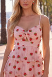 Robe de fin d’année à la rentrée rose rose à trous de serrure à volants à niveaux et à bretelles froncées