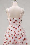 Robe de fin d’année à la rentrée rose rose à trous de serrure à volants à niveaux et à bretelles froncées