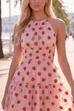 Robe courte de rentrée à la rentrée rose rose à boutons et à volants