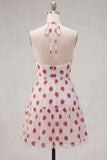 Robe courte de rentrée à la rentrée rose rose à boutons et à volants