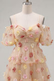 Robe de rentrée à volants à volants champagne champagne avec épaules froides et fleurs 3D