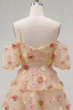 Robe de rentrée à volants à volants champagne champagne avec épaules froides et fleurs 3D