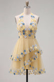 Robe courte de rentrée à la maison à col abricot à col nu à volants avec fleurs 3D
