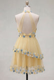 Robe courte de rentrée à la maison à col abricot à col nu à volants avec fleurs 3D