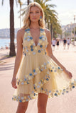 Robe courte de rentrée à la maison à col abricot à col nu à volants avec fleurs 3D