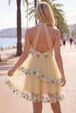 Robe courte de rentrée à la maison à col abricot à col nu à volants avec fleurs 3D
