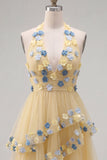 Robe courte de rentrée à la maison à col abricot à col nu à volants avec fleurs 3D