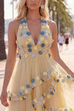 Robe courte de rentrée à la maison à col abricot à col nu à volants avec fleurs 3D