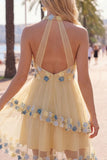 Robe courte de rentrée à la maison à col abricot à col nu à volants avec fleurs 3D