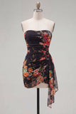 Robe courte de rentrée à la maison à fleur noire rouge rouge fleur moulante et ceinture