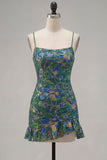 Robe courte de rentrée courte à volants en body-con, collante à volants vert foncé et lacée dans le dos