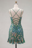 Robe courte de rentrée courte à volants en body-con, collante à volants vert foncé et lacée dans le dos