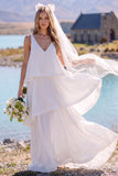 Robe de mariée maxi blanche pour elopement à col V à étages et sans manches