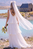 Robe de mariée maxi blanche pour elopement à col V à étages et sans manches