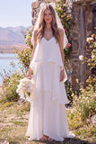 Robe de mariée maxi blanche pour elopement à col V à étages et sans manches