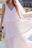 Robe de mariée maxi blanche pour elopement à col V à étages et sans manches