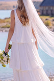 Robe de mariée maxi blanche pour elopement à col V à étages et sans manches