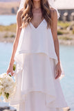 Robe de mariée maxi blanche pour elopement à col V à étages et sans manches