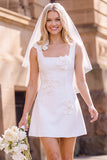 Robe de mariée mini blanche pour elopement sans manches à col carré avec fleur 3D