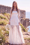 Robe de mariée maxi blanche à col carré à manches longues avec dentelle, pour elopement