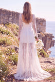Robe de mariée maxi blanche à col carré à manches longues avec dentelle, pour elopement