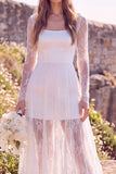 Robe de mariée maxi blanche à col carré à manches longues avec dentelle, pour elopement