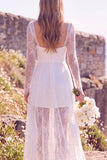 Robe de mariée maxi blanche à col carré à manches longues avec dentelle, pour elopement