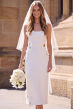 Robe de mariée midi blanche à col carré avec découpes et fleur 3D, pour elopement