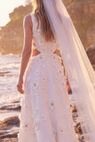 Robe de mariée maxi blanche à col rond avec appliqués floraux, pour elopement