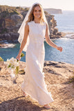 Robe de mariée maxi elopement fourreau à col rond à col rond blanc avec fleur 3D