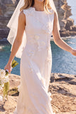 Robe de mariée maxi elopement fourreau à col rond à col rond blanc avec fleur 3D