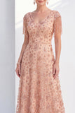 Robe de la mère de la mariée en ligne A à col en V en rose poussiéreuse avec franges