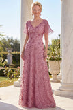 Robe de la mère de la mariée en ligne A à col en V en rose poussiéreuse avec franges