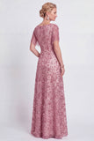 Robe de la mère de la mariée en ligne A à col en V en rose poussiéreuse avec franges