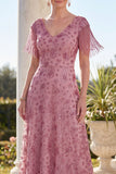 Robe de la mère de la mariée en ligne A à col en V en rose poussiéreuse avec franges