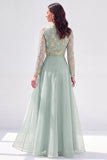 Robe de la mère de la mariée à manches longues en mousseline vert ligne A