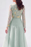 Robe de la mère de la mariée à manches longues en mousseline vert ligne A